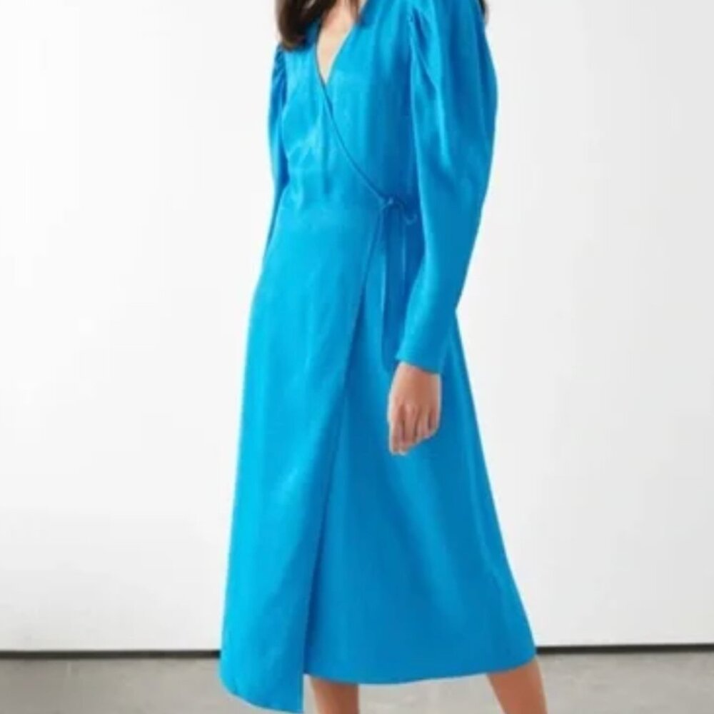 & Other Stories Blue Wrap Midi Dress – Long Sleeve V-Neck Tie Waist Size 0